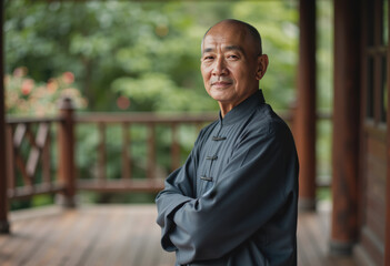 Elderly tai-chi practitioner posing confidently on a wooden deck