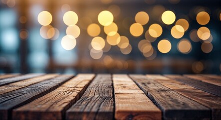 Rustic Wooden Table Surface in Focus with Blurred Warm Bokeh Background and Natural Grain Patterns