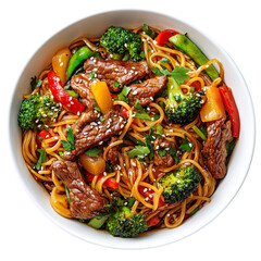 Delicious stir fried noodles with beef, colorful vegetables, and sesame seeds, served in white bowl. perfect blend of flavors and textures for satisfying meal isolated on a white background