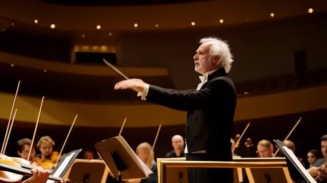 conductor with baton and orchestra members in an concert hall