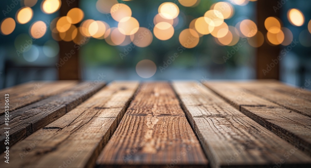 Aufkleber rustic wooden table surface in focus with blurred warm bokeh background and natural grain patterns