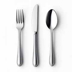 Close-up studio shot of shiny silverware, fork, knife, and spoon, isolated.