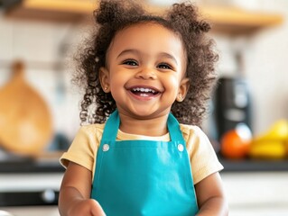 A happy Black toddler girl wearing a teal baby apron