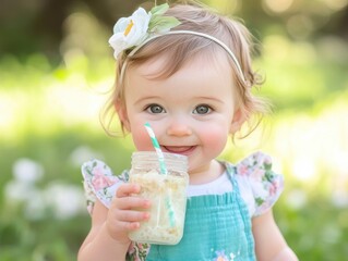 happy cute baby girl wearing a teal baby apron is drinking healthy drink 