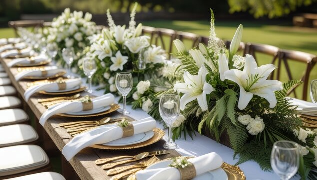Elegantly decorated wedding table with white lilies and golden tableware accents