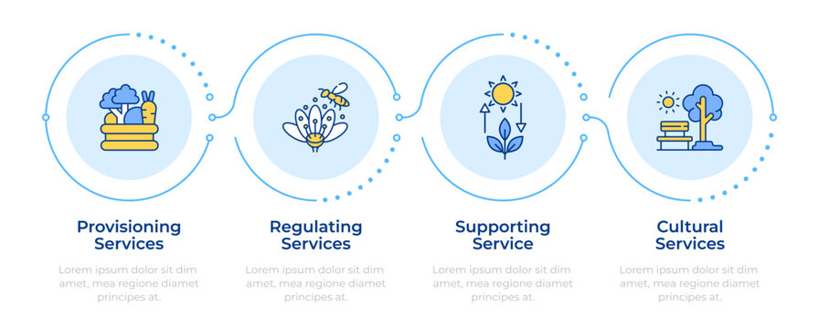 Ecosystem services infographic 4 steps. Environmental sustainability. Food and water supply. Flow chart infochart. Editable vector info graphics icons. Montserrat-SemiBold, Regular fonts used
