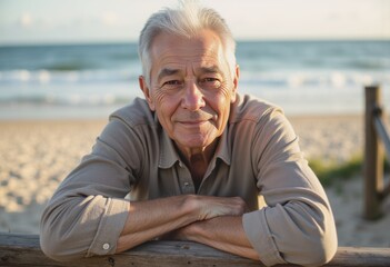 Senior beach walker leaning on a railing, enjoying the ocean view