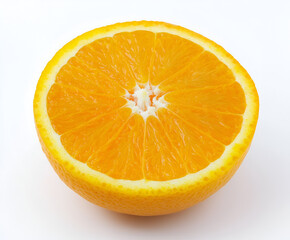 Close-up view of a halved orange fruit, showing juicy segments and texture.