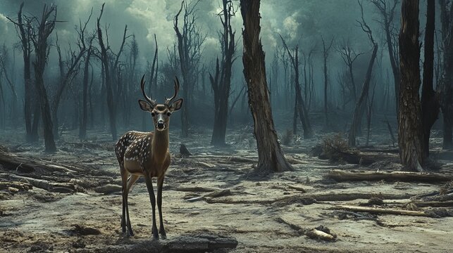 A spotted deer stands in a desolate forest with bare trees and a cloudy sky in the background scenery