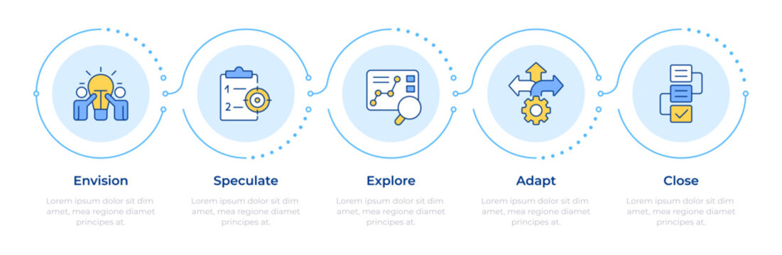 Agile management phases infographic 5 steps. Inspiration teamwork depicting project vision. Flow chart infochart. Editable vector info graphics icons. Montserrat-SemiBold, Regular fonts used