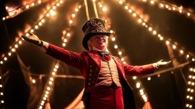 happy circus ringmaster introducing the next act 