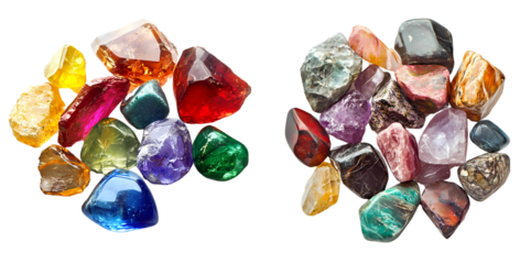 A collection of vibrant, polished gemstones on a transparent background, showcasing a variety of colors and textures