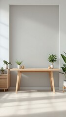🔹 Minimal Wooden Workspace 🔹
This design captures the essence of Scandinavian minimalism with a light wooden desk framed by soft walls and natural light. The use of potted AI-generated image