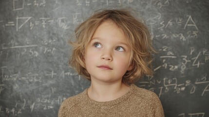 Young thinker contemplates mathematics, formulas on background, childhood moment