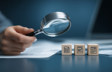 Hand with Magnifying Glass Examines Wooden Cubes with Business Check Icons

