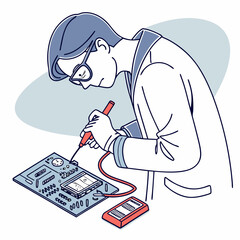 Vector illustration of technician using multimeter on a motherboard, isolated on transparent background