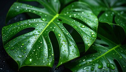 Fototapeta premium Green leaf texture with refreshing water drops
