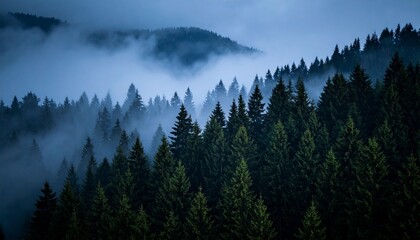 Winter fog settles over green pine trees in a mountain valley, offering a serene natural landscape view