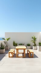 🔹 Minimal Outdoor Harmony 🔹
This modern patio setup features a wooden table with benches, framed by lush green planters and clear blue skies. The minimal white backdrop and AI-generated image