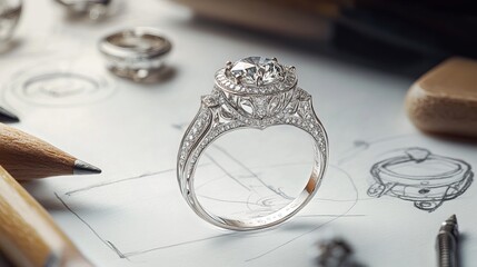 Close up of a detailed diamond ring with sketches and pencils on a white surface in soft lighting