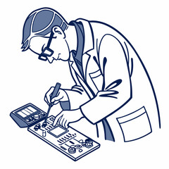 Vector illustration of technician using multimeter on a motherboard, isolated on transparent background