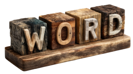 Wooden Word Blocks: Four weathered wooden blocks spell out the word "WORD," showcasing the natural texture of the material, against a simple and clean background.