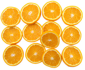 Fototapeta premium Fresh, juicy orange slices create a vibrant, healthy citrus background, with some isolated on white