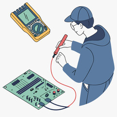 Vector illustration of technician using multimeter on a motherboard, isolated on transparent background