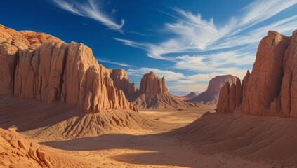 Naklejka premium Monument Valley's Majestic Desert Landscape Under a Clear Blue Sky with Clouds