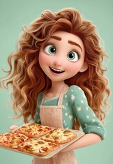 Naklejka premium Smiling female character holding pizza on green background.