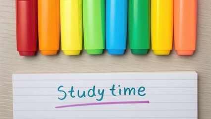 Fototapeta premium Back to School : Highlighters and Note-Taking Tools for Smarter Studying Series, Colorful highlighters arranged above a notecard that reads 