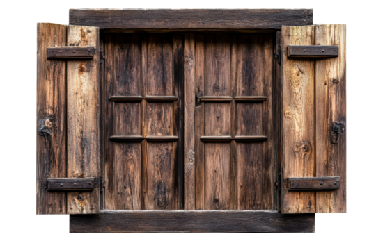 Rustic wooden window shutters, open, showing aged wood and simple pane design