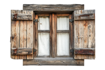 Rustic wooden window with shutters and curtains