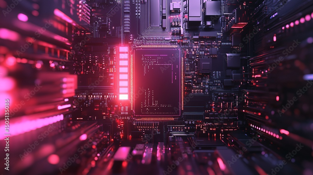 Poster a close up view of a complex computer circuit board with glowing red and purple lights and intricate