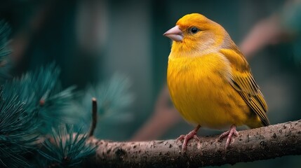 Vibrant Serenity: Golden Canary Perched on a Branch in the Lush Wilderness