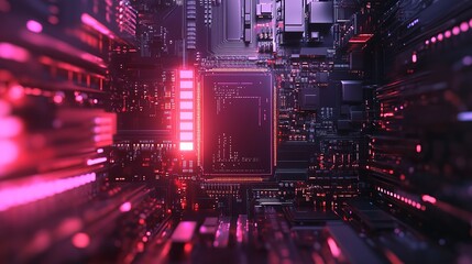 Obraz premium A close up view of a complex computer circuit board with glowing red and purple lights and intricate details