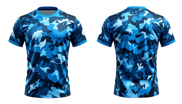 Realistic modern short-sleeve sport jersey color blue mockup with modern camouflage design, front and back view, isolated on white background.