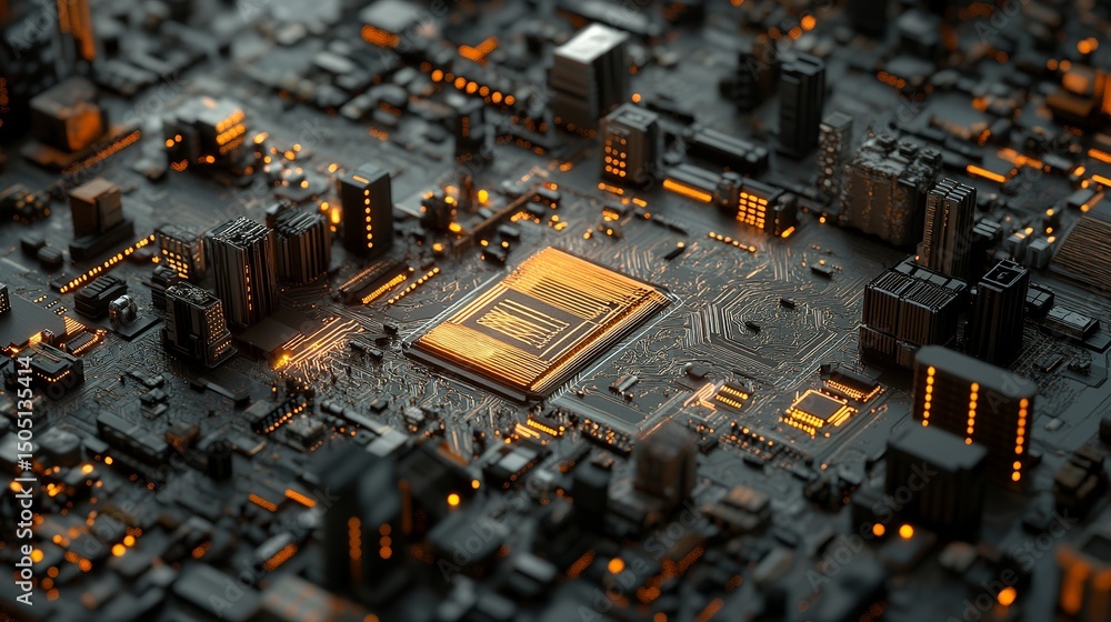 Poster a detailed close up of a complex motherboard with a central golden processor and glowing components