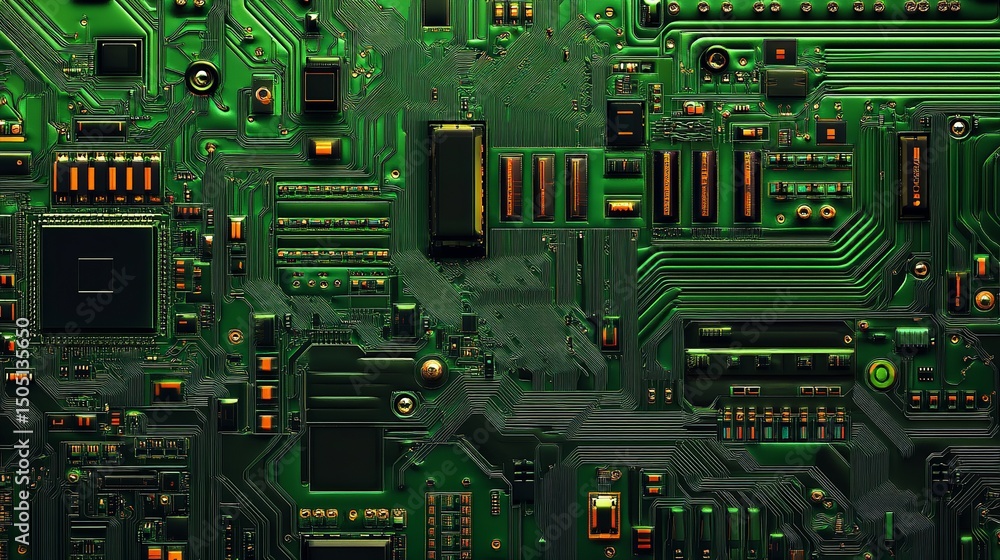 Poster a detailed close up of a green circuit board with intricate patterns and various electronic componen