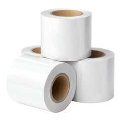 Three large rolls of blank white adhesive labels stacked together.