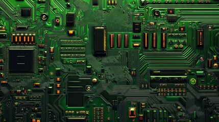 A detailed close up of a green circuit board with intricate patterns and various electronic components