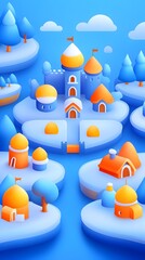 A whimsical winter village nestled on floating islands, featuring a central blue castle with orange-roofed houses, stylized trees, and a smooth, blue background