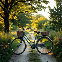 Fototapeta premium Classic city bicycle with a basket parked on a forest trail or rural dirt path, surrounded by green trees and wildflowers. Bright sunny day, light breeze, calm nature scene, eco-friendly travel