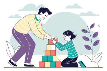 Father and Daughter Building Block Tower at Home – Family Bonding, Educational Play, Parenting Concept Illustration.