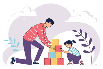 Father and Daughter Building Block Tower at Home – Family Bonding, Educational Play, Parenting Concept Illustration.