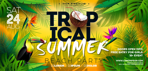 Plakat Summer Party Flyer Design with Flower, Tropical Palm Leaves and Toucan Bird on Yellow Background. Vector Summer Beach Celebration Design Template with Floral Elements, Plants and Typography Letter for