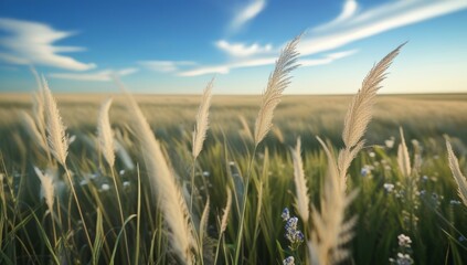 Scenic field with tall grass plumes under a blue sky creating a peaceful vista