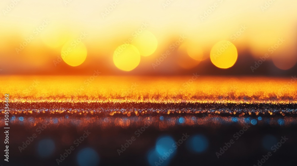 Poster morning sunlight creates a warm glow on dew-covered grass while soft bokeh lights add depth to the t