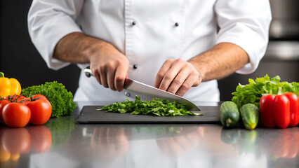 Foodie travel private jet foodie chef prepares fresh herbs cutting board private kitchen with colorful vegetables and travel
