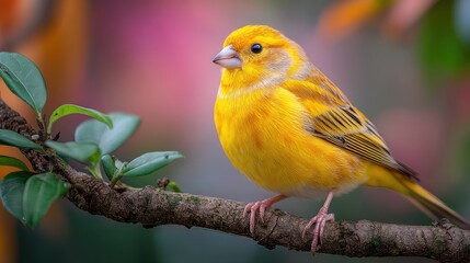 Vibrant yellow canary perched gracefully on a tree branch outdoors